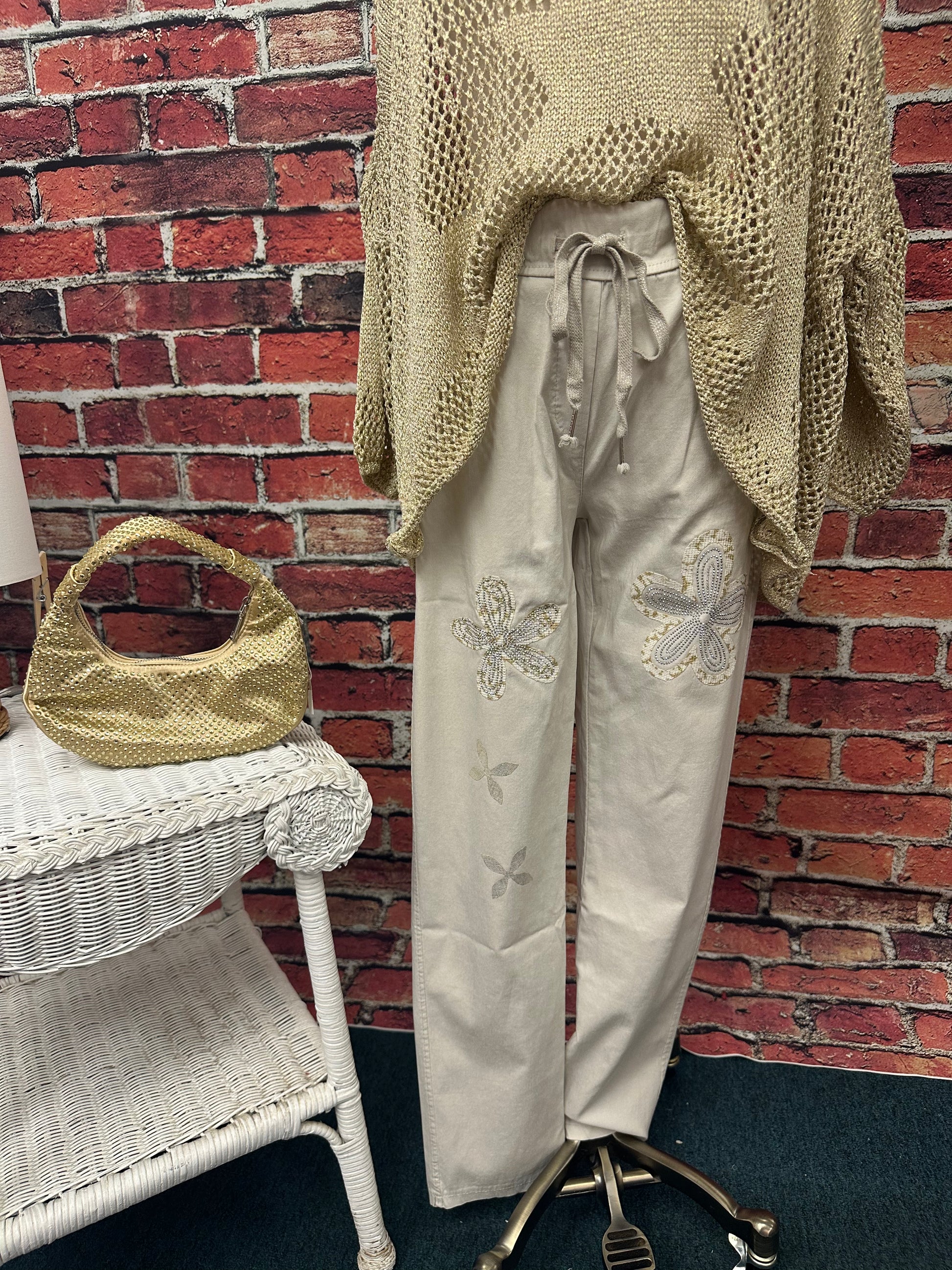 Embellished Floral Drawstring Pants