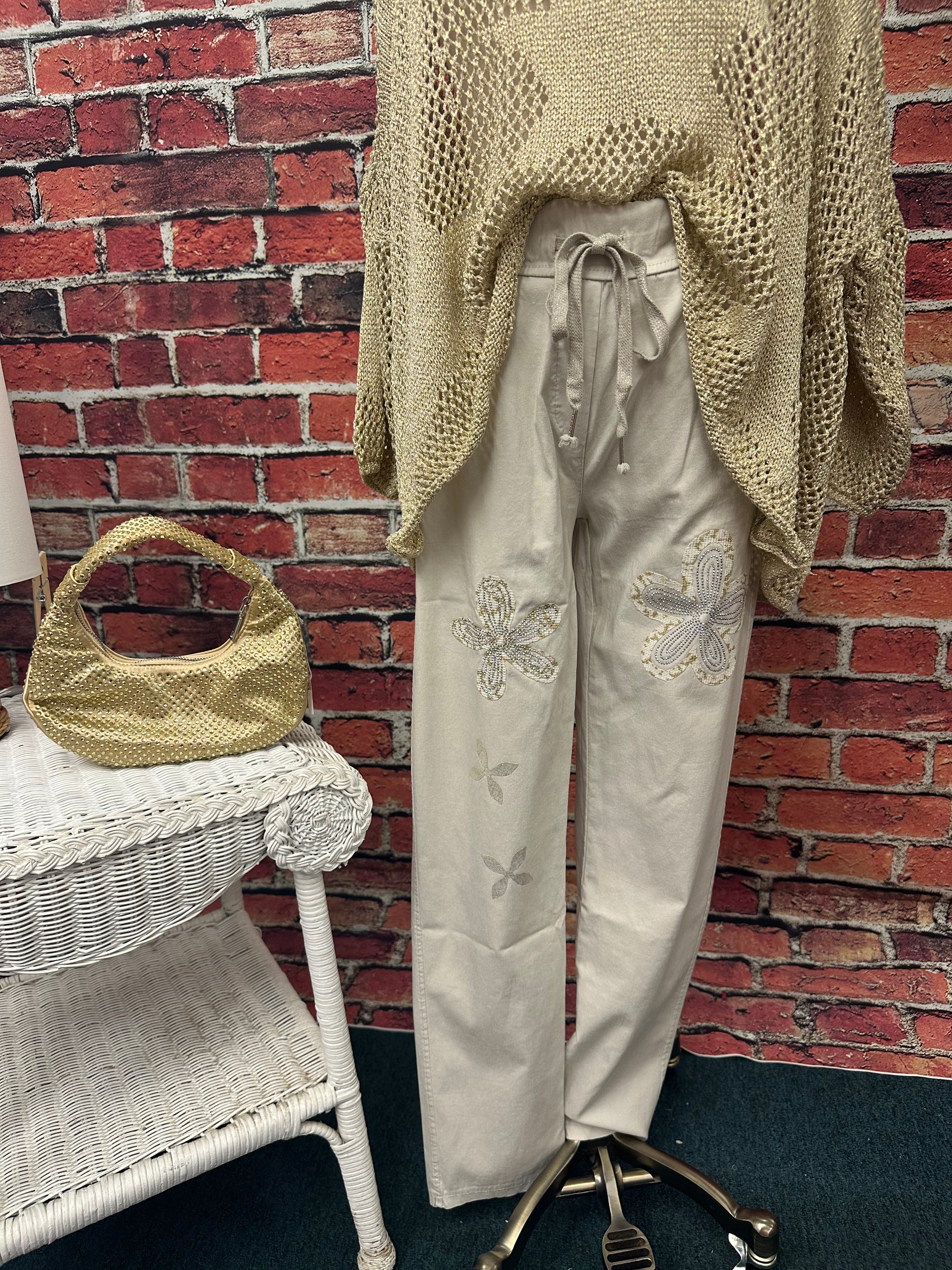 Embellished Floral Drawstring Pants