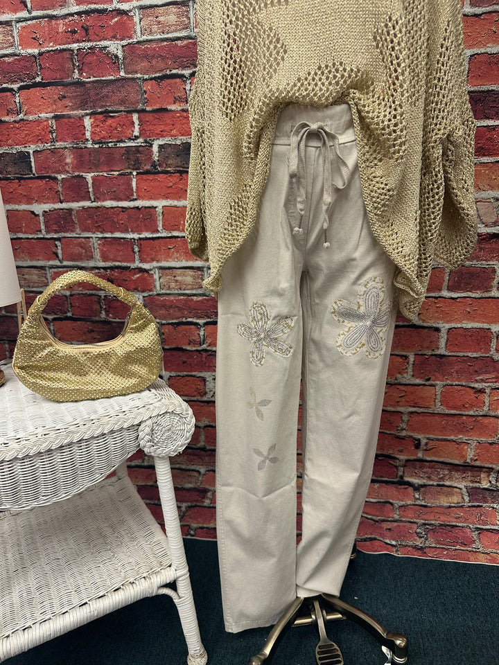 Embellished Floral Drawstring Pants