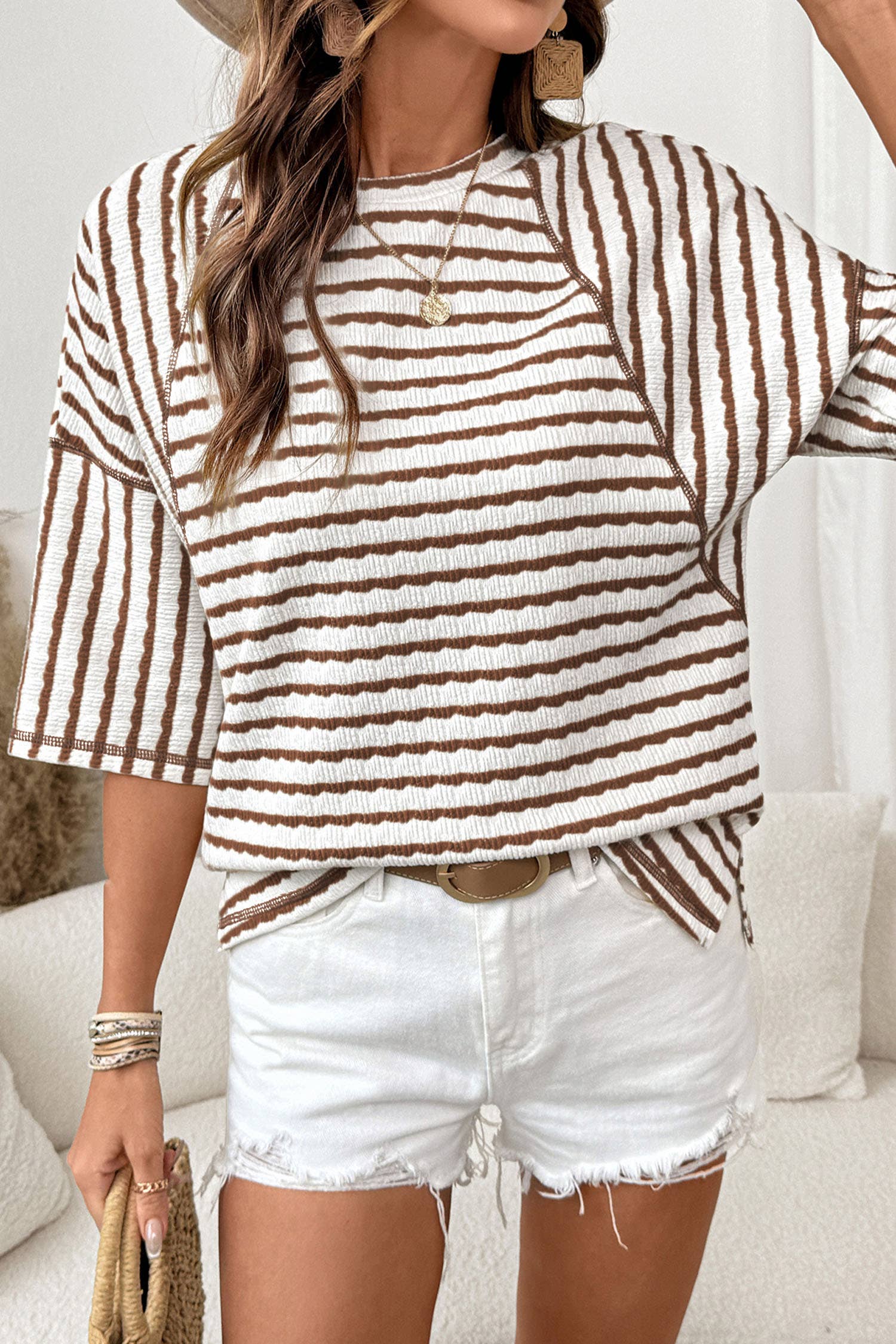 Striped Textured Knit Split Top