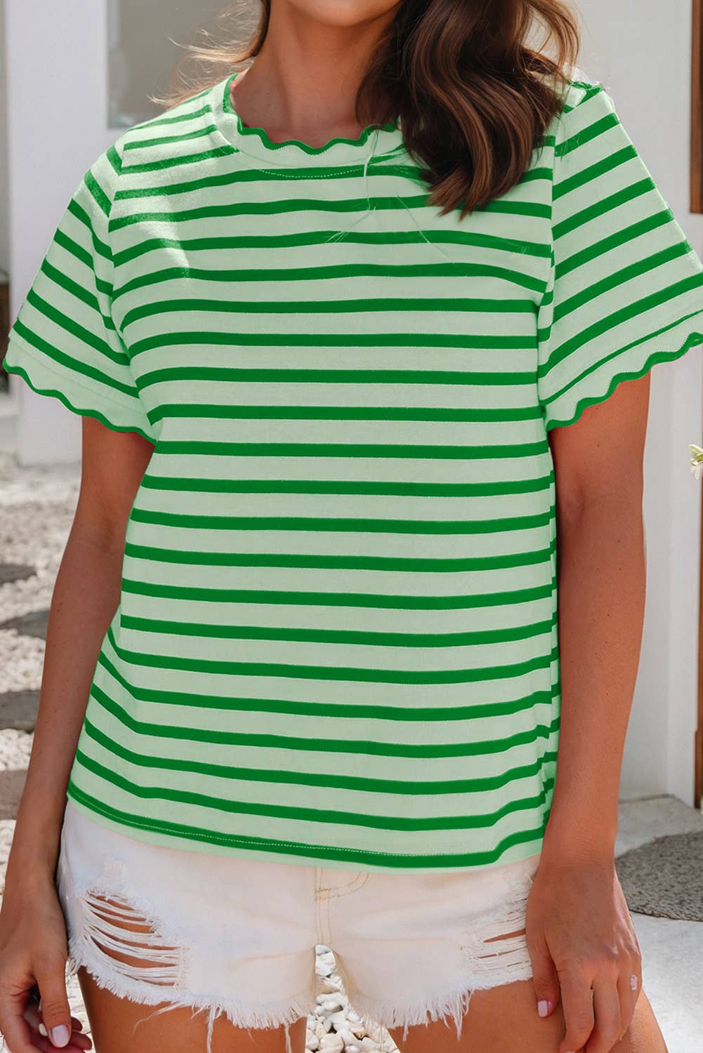Spring Scalloped Trim Round Neck Stripe Top