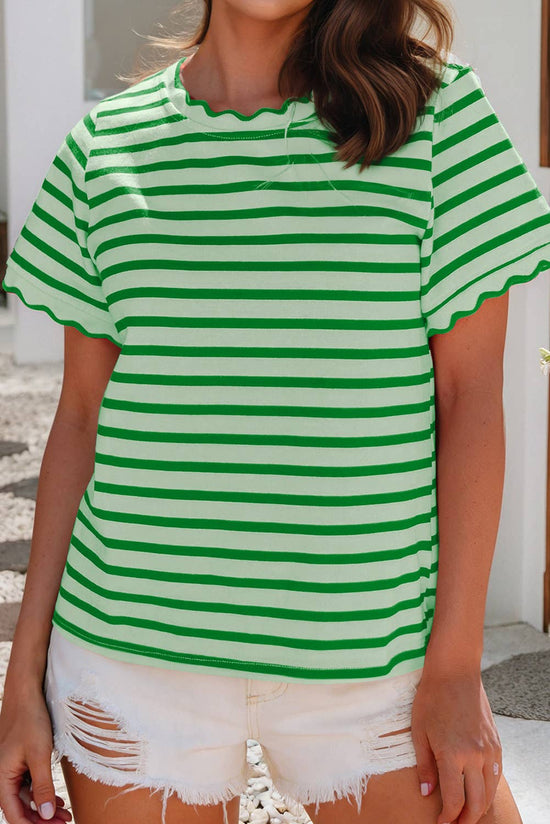 Spring Scalloped Trim Round Neck Stripe Top
