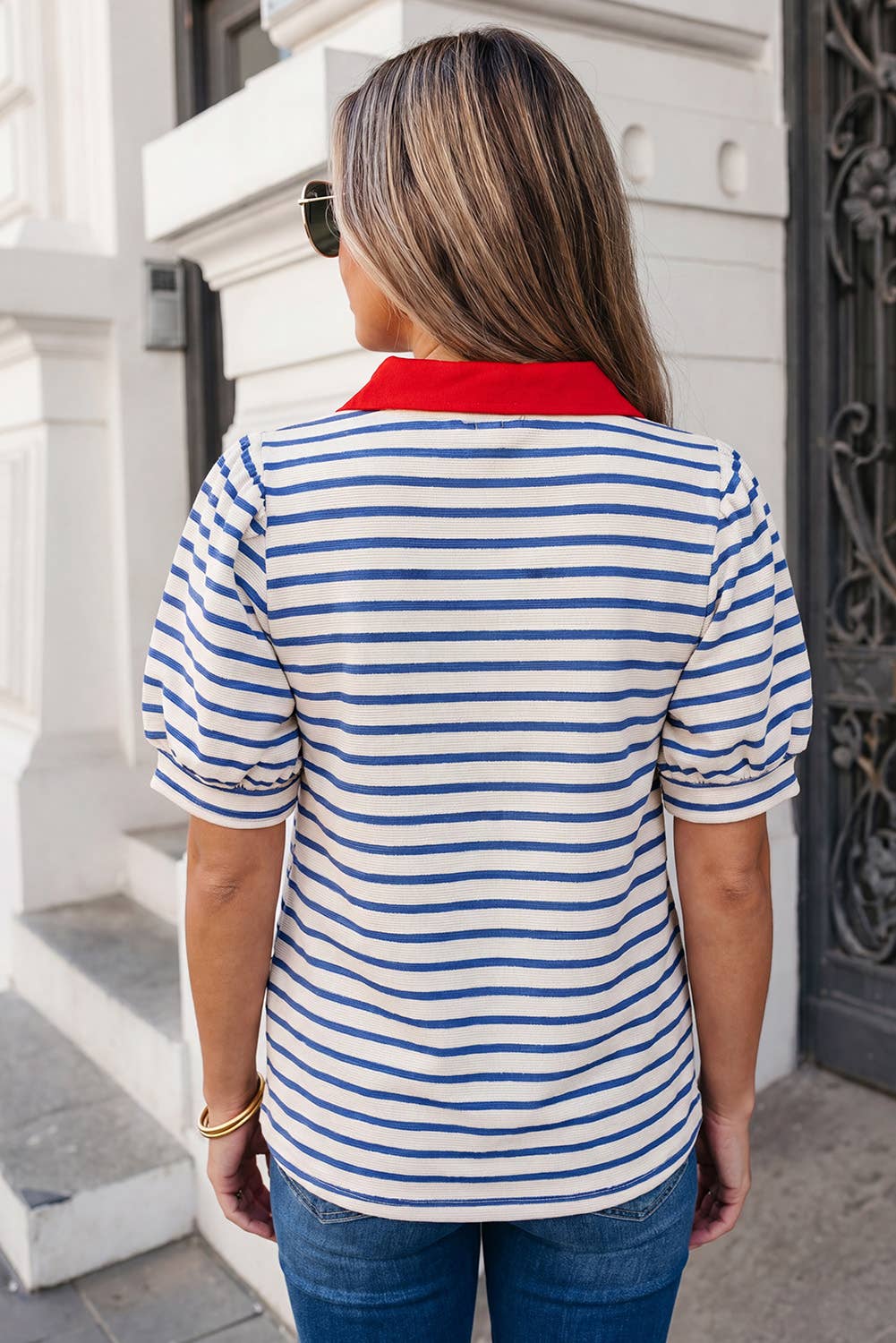 Stripe Short Puff Sleeve Collared Blouse