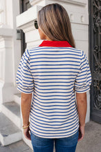 Load image into Gallery viewer, Stripe Short Puff Sleeve Collared Blouse
