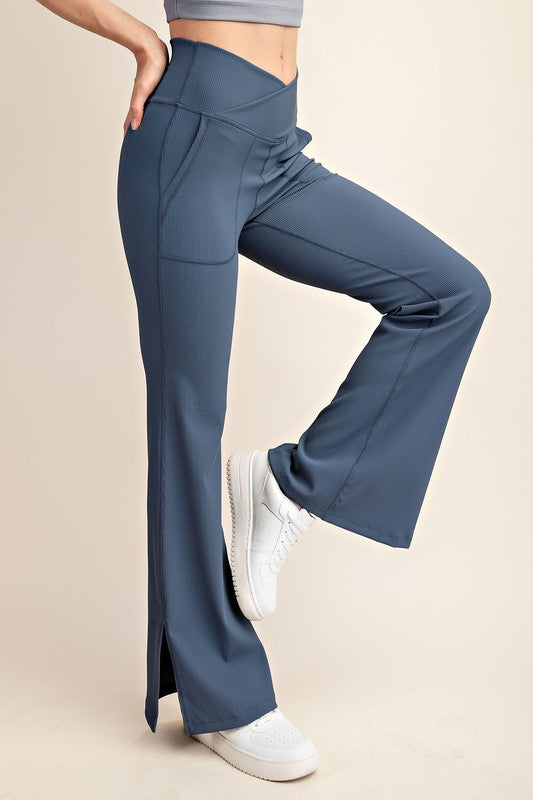 Nylon Rib V Waist Crossover Flared Leggings *FINAL SALE*