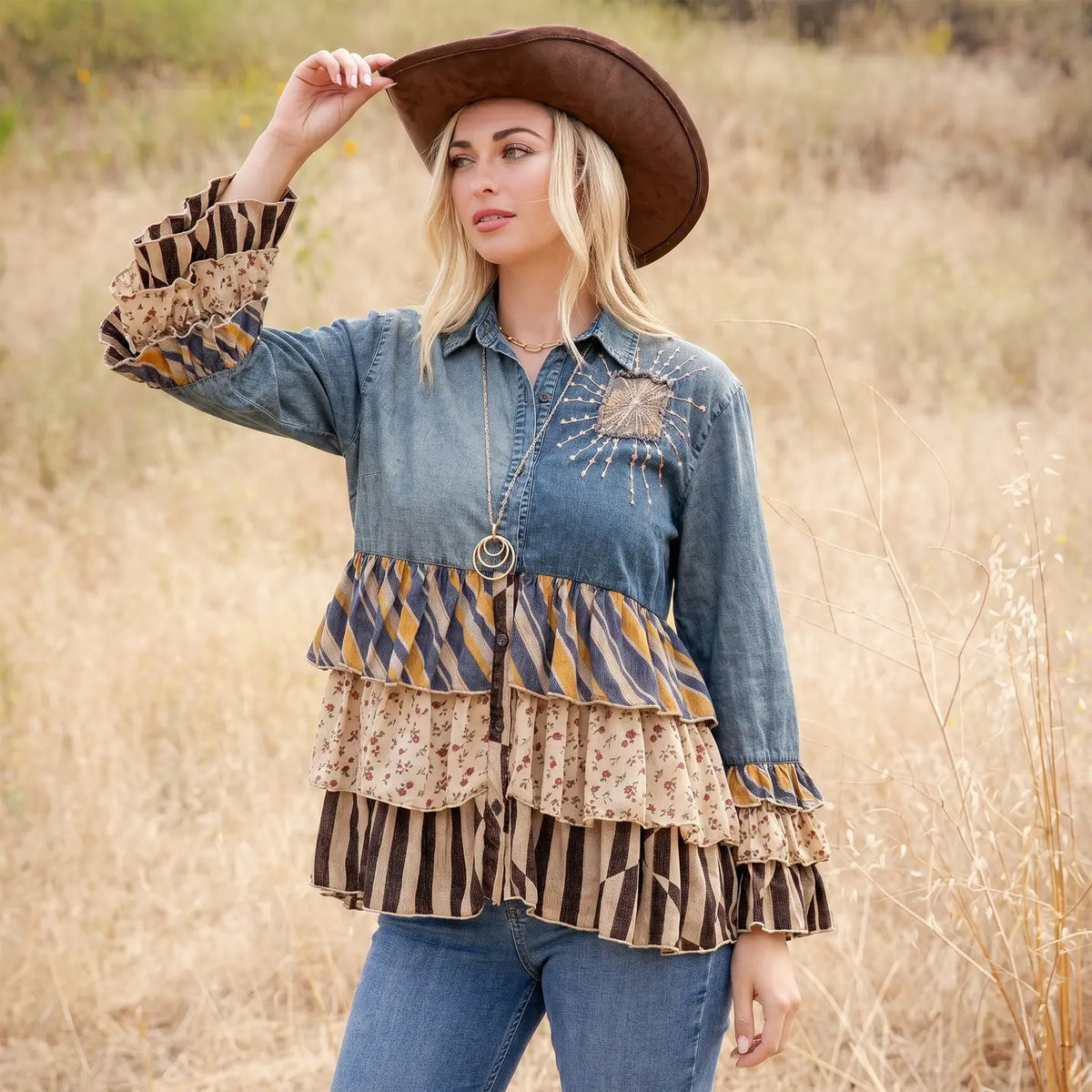 Vintage Boho Denim Yoke Patchwork Tiered Tunic Top