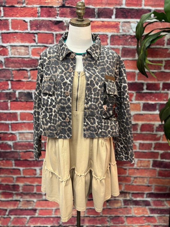 Leopard Denim Jacket with Sequin Floral Mesh Back