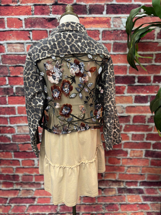 Leopard Denim Jacket with Sequin Floral Mesh Back
