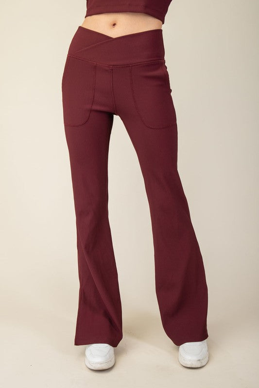 Nylon Rib V Waist Crossover Flared Leggings