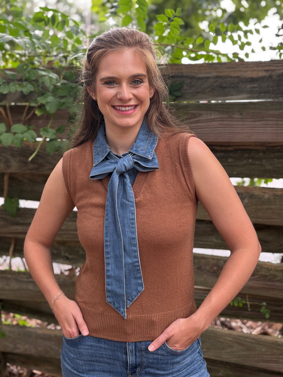 Denim Tie Neck Sleeveless Knit Top