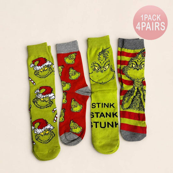 4Pairs - Holiday Grinch Character Printed Christmas Bundle Gift Socks Set