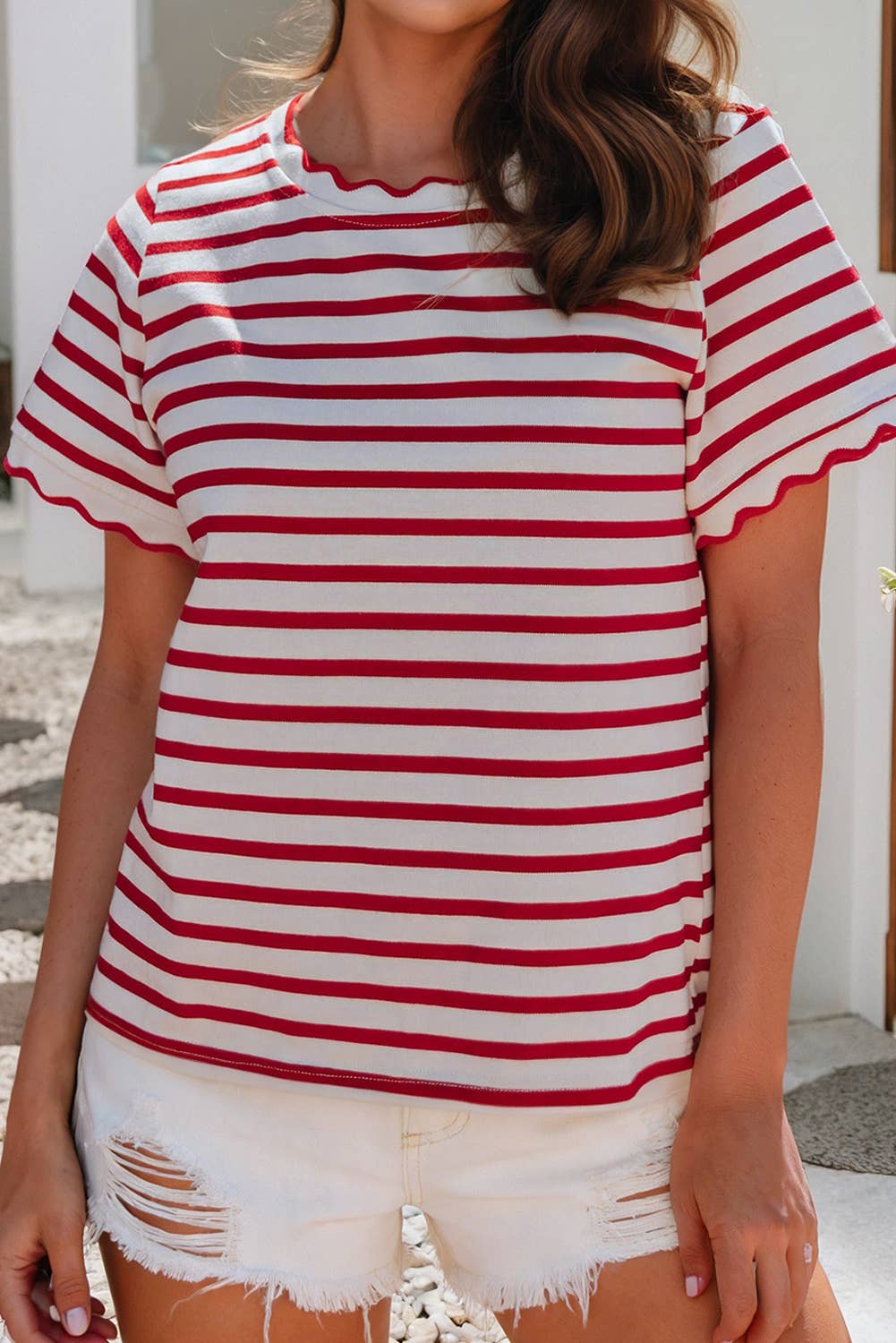 Spring Scalloped Trim Round Neck Stripe Top