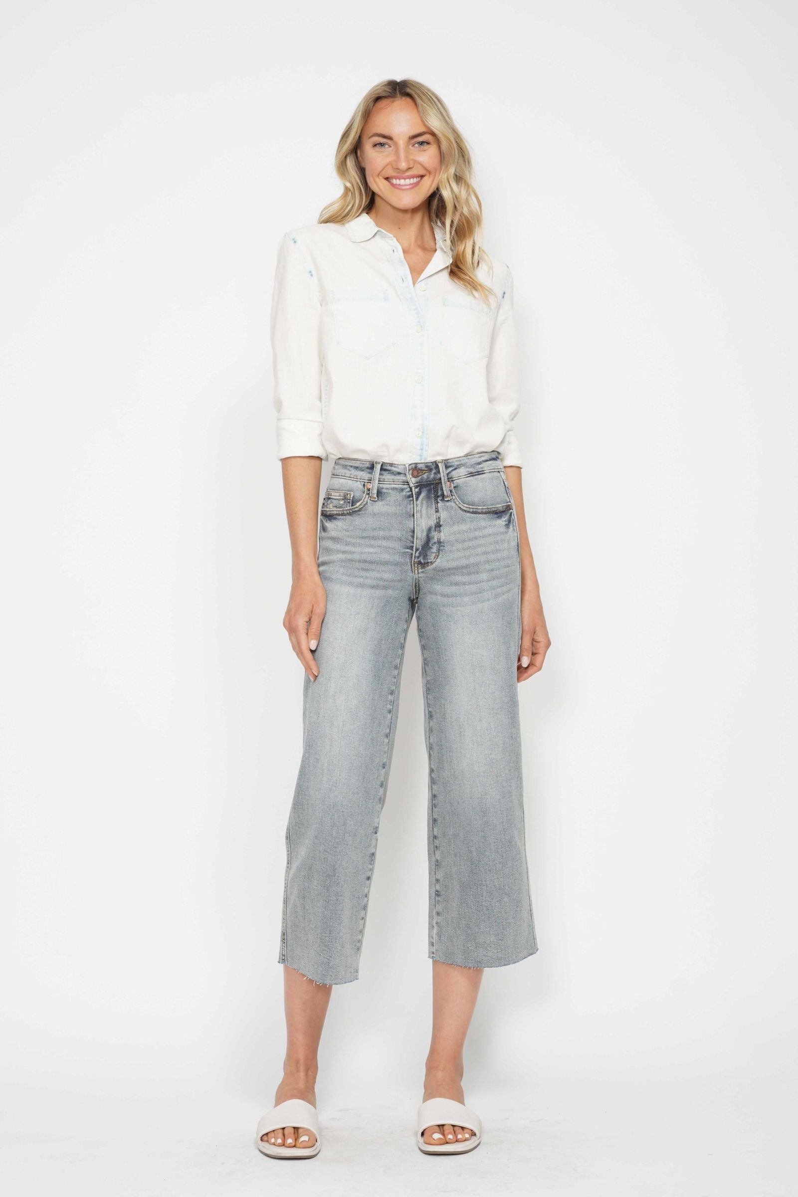 Judy Blue Mid Rise Tummy Control Raw Hem Crop Wide