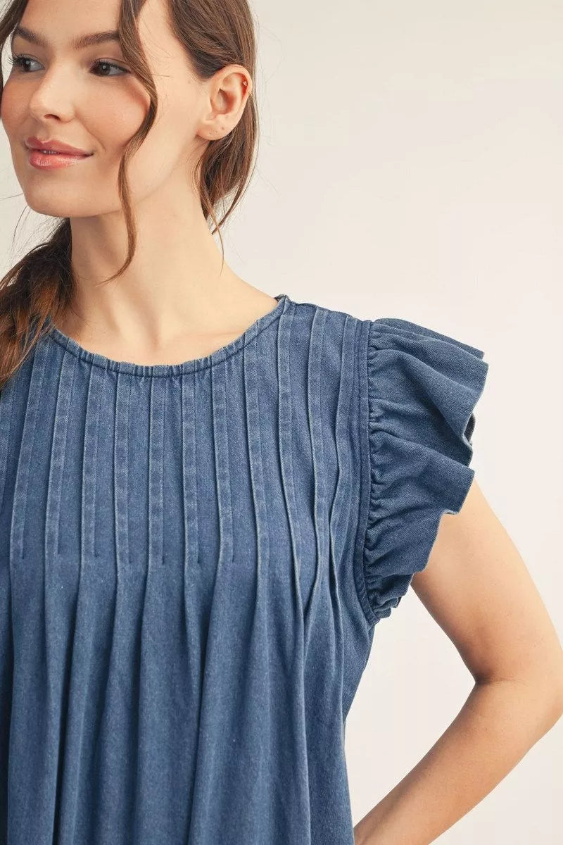 Pleated Flutter Sleeve Denim Dress