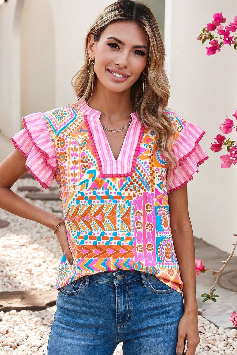 Boho Contrast Striped Patchwork Tiered Blouse