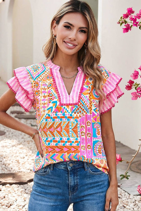 Boho Contrast Striped Patchwork Tiered Blouse