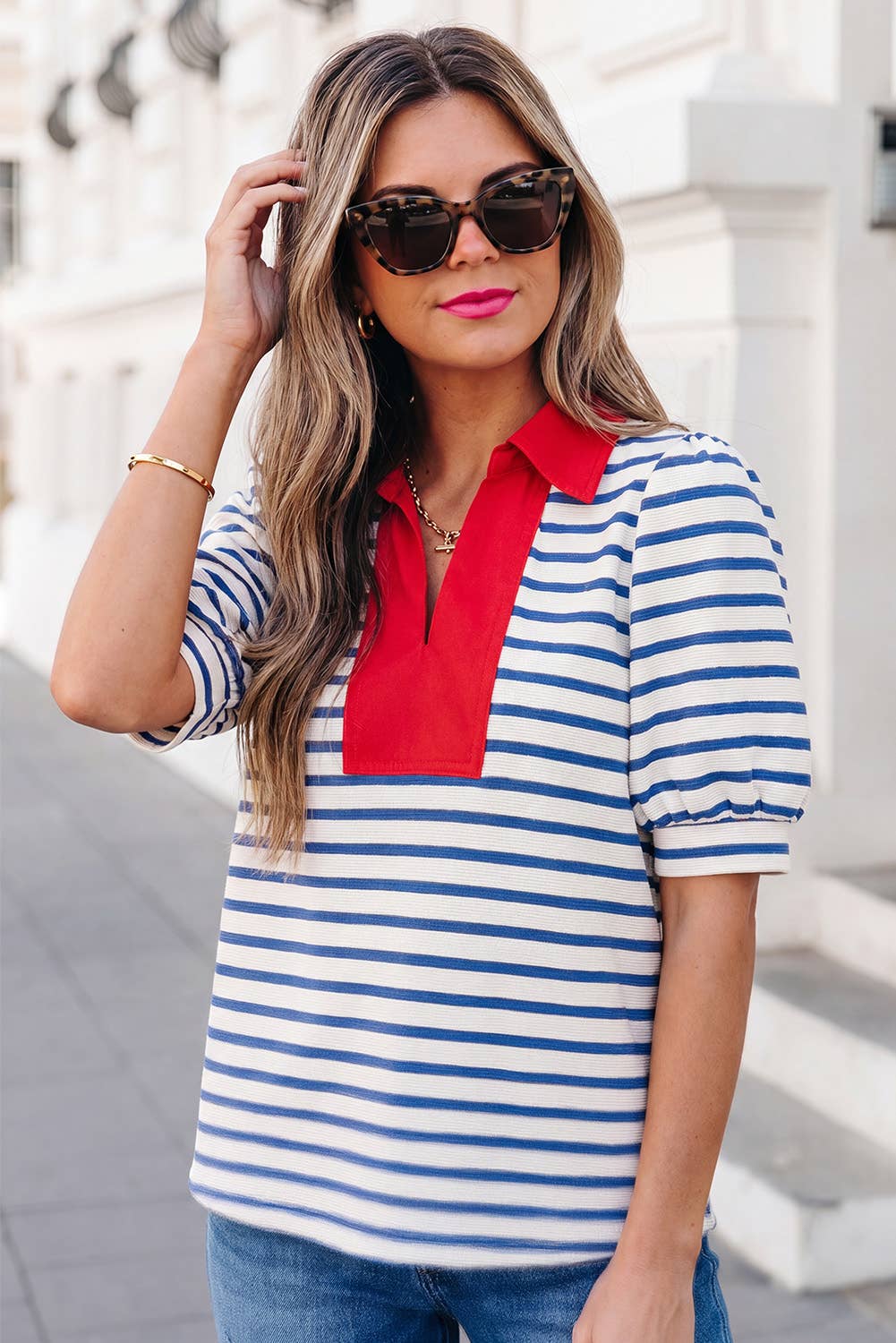 Stripe Short Puff Sleeve Collared Blouse