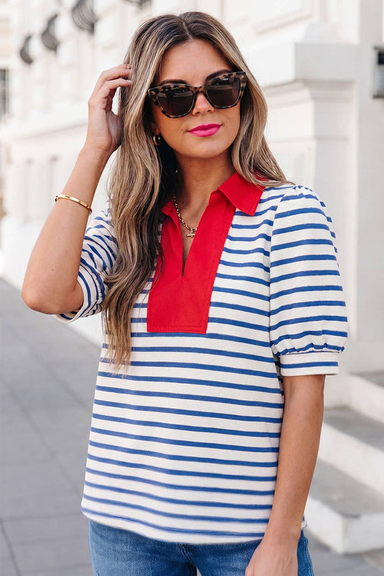 Stripe Short Puff Sleeve Collared Blouse
