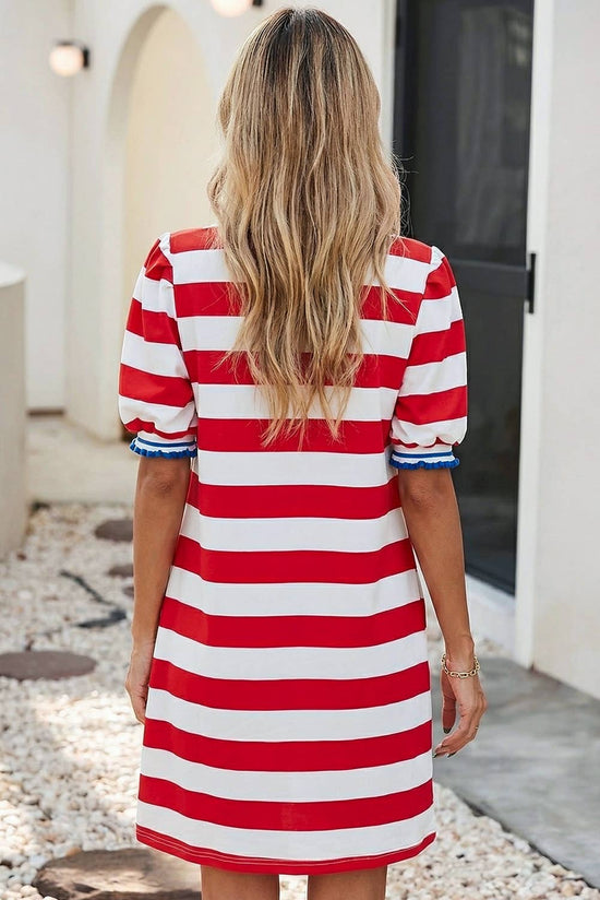 Stripe Contrast Trim  Puff Sleeve Shift Dress
