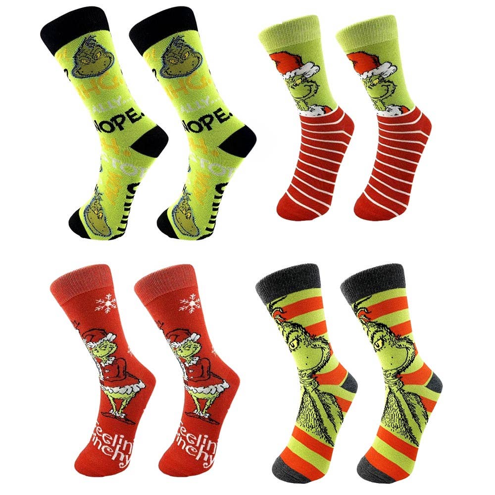 4Pairs - Holiday Grinch Character Printed Christmas Bundle Gift Socks Set