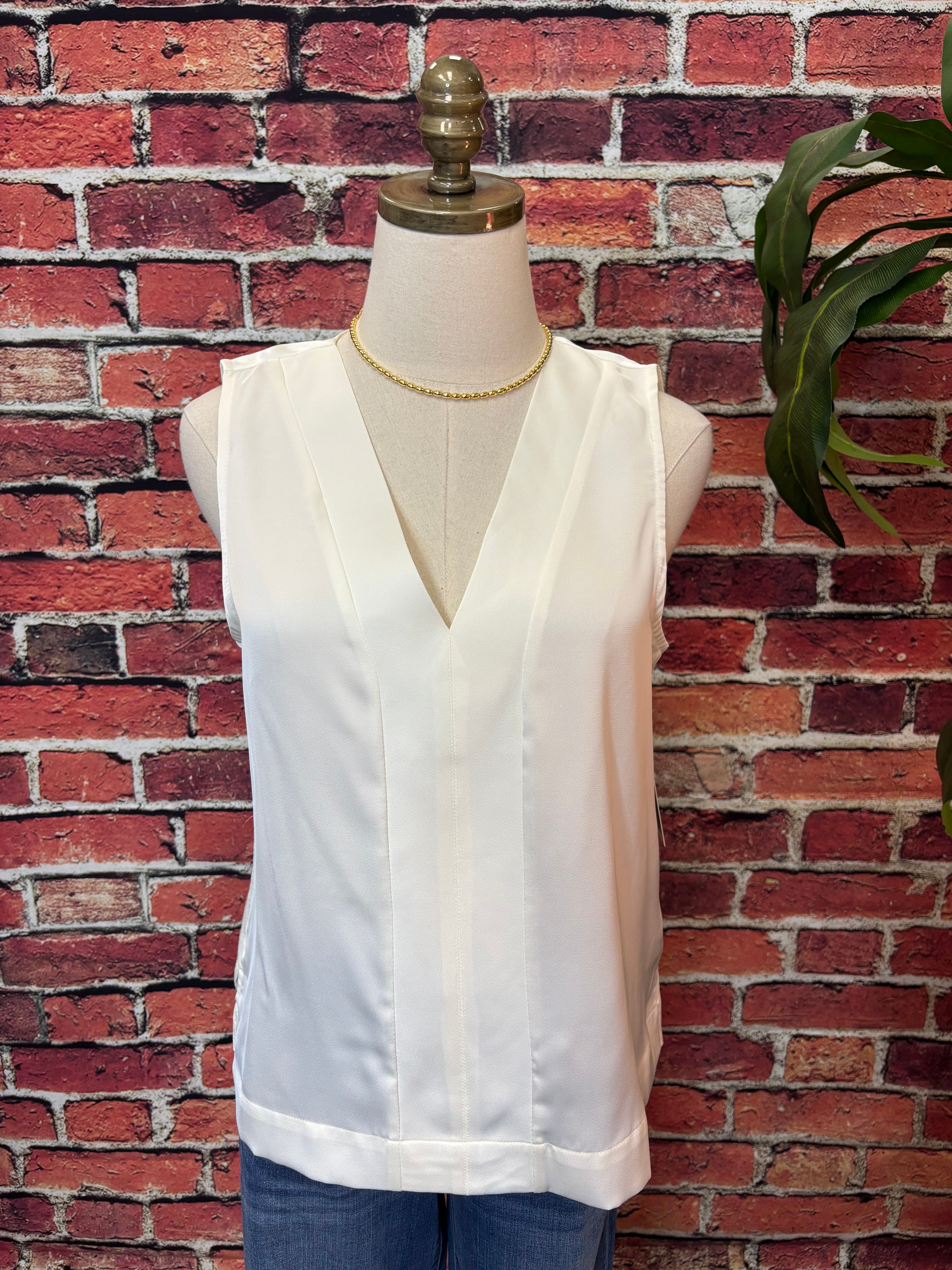 Sleeveless V-neck Woven-to-knit Top