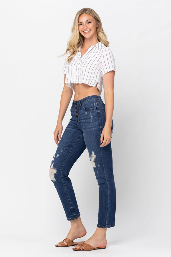 Judy Blue High Waist Zigzag Button Fly Boyfriend