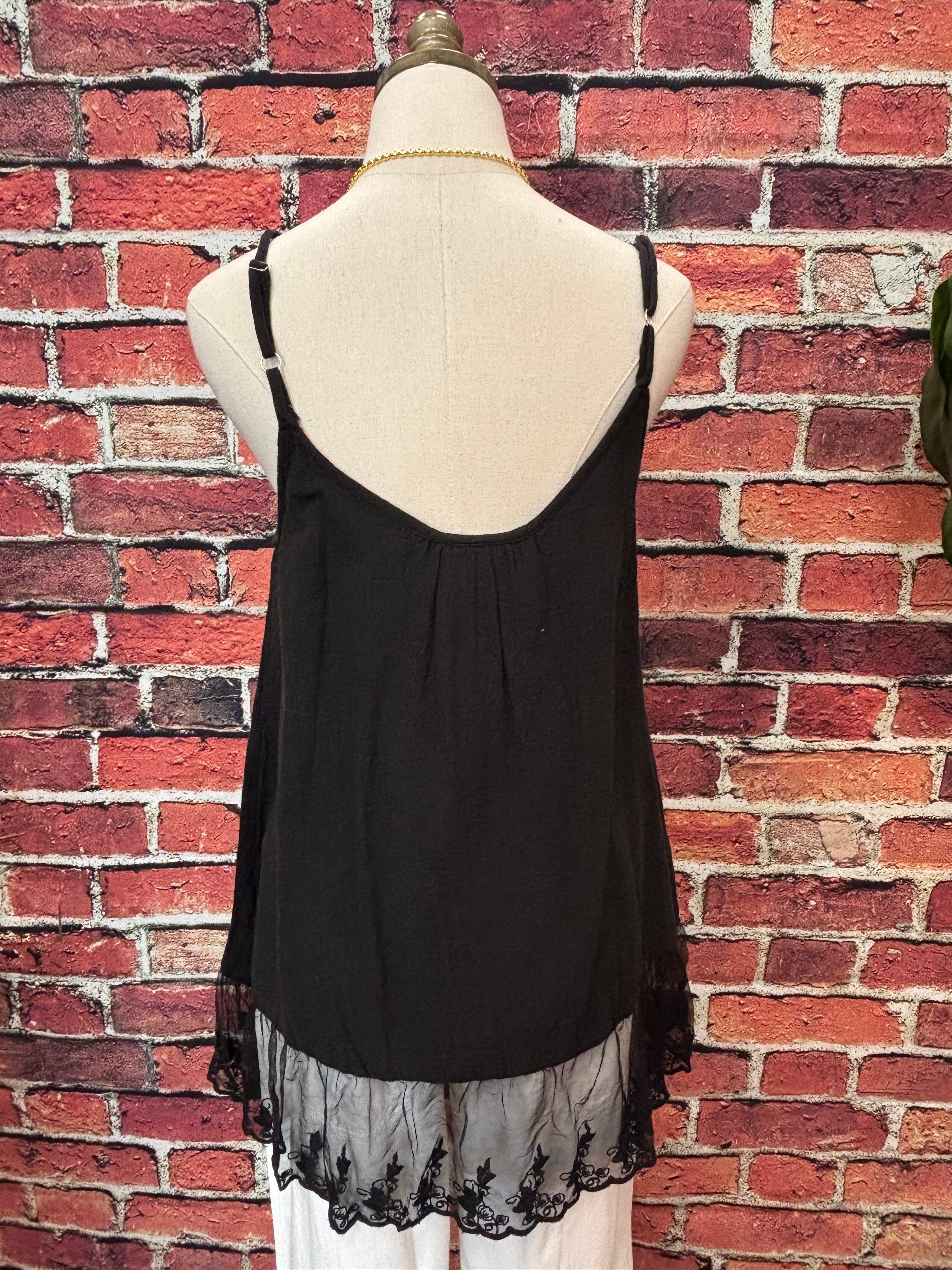 Black Cotton Lace Hem Cami