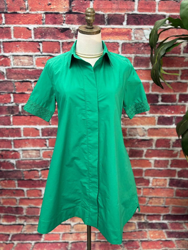 Emerald Green Embroidered Sleeve Shirt Dress