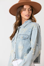 Load image into Gallery viewer, Crop Denim Pearl Bow Embellishment Jacket
