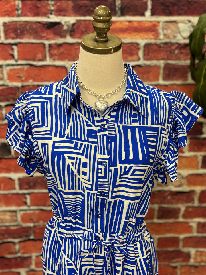 Royal Blue Geo Print Ruffle Sleeve Romper *FINAL SALE*