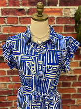 Load image into Gallery viewer, Royal Blue Geo Print Ruffle Sleeve Romper
