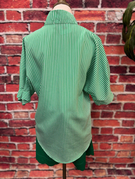 Green & White Striped Notch-Neck Blouse