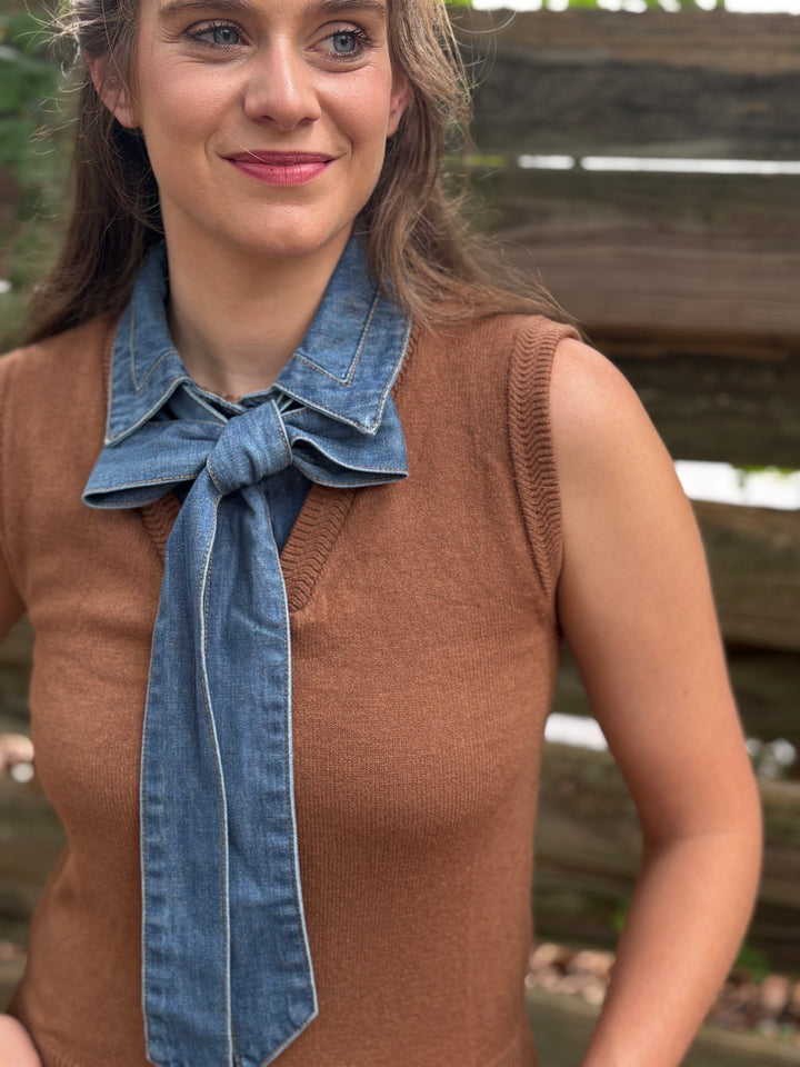 Denim Tie Neck Sleeveless Knit Top