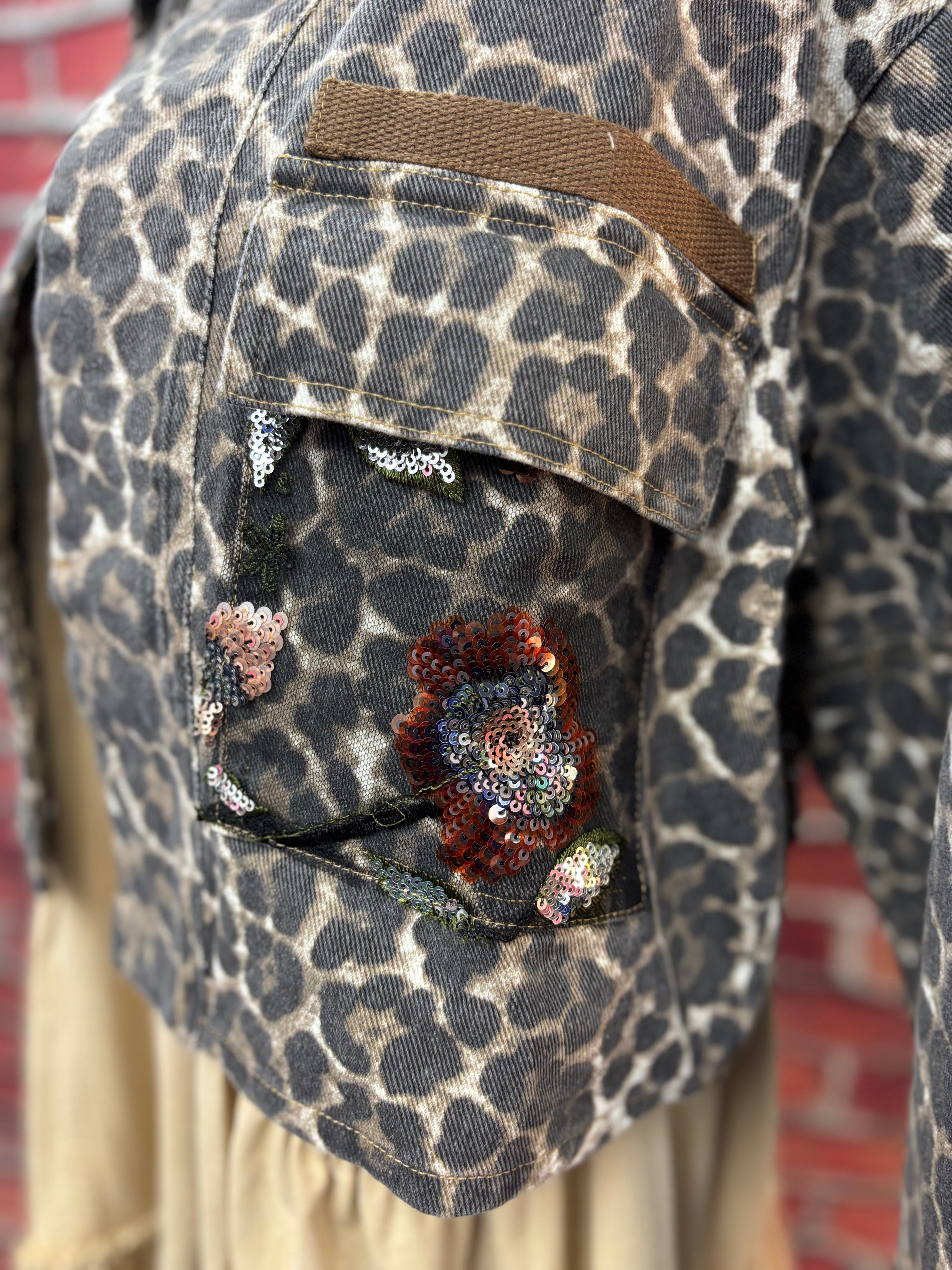 Leopard Denim Jacket with Sequin Floral Mesh Back