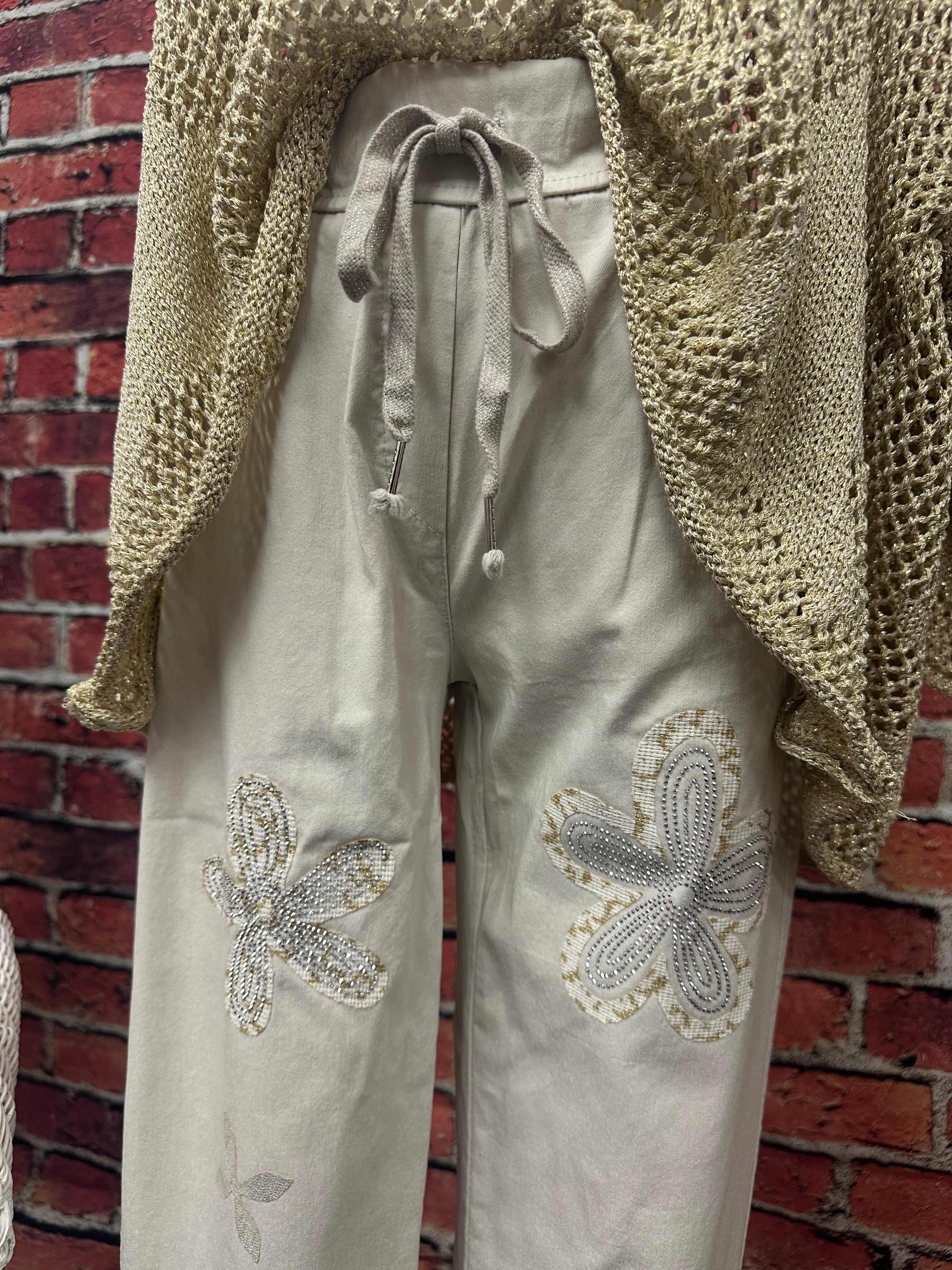 Embellished Floral Drawstring Pants