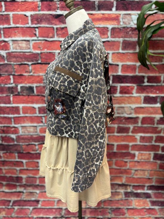 Leopard Denim Jacket with Sequin Floral Mesh Back