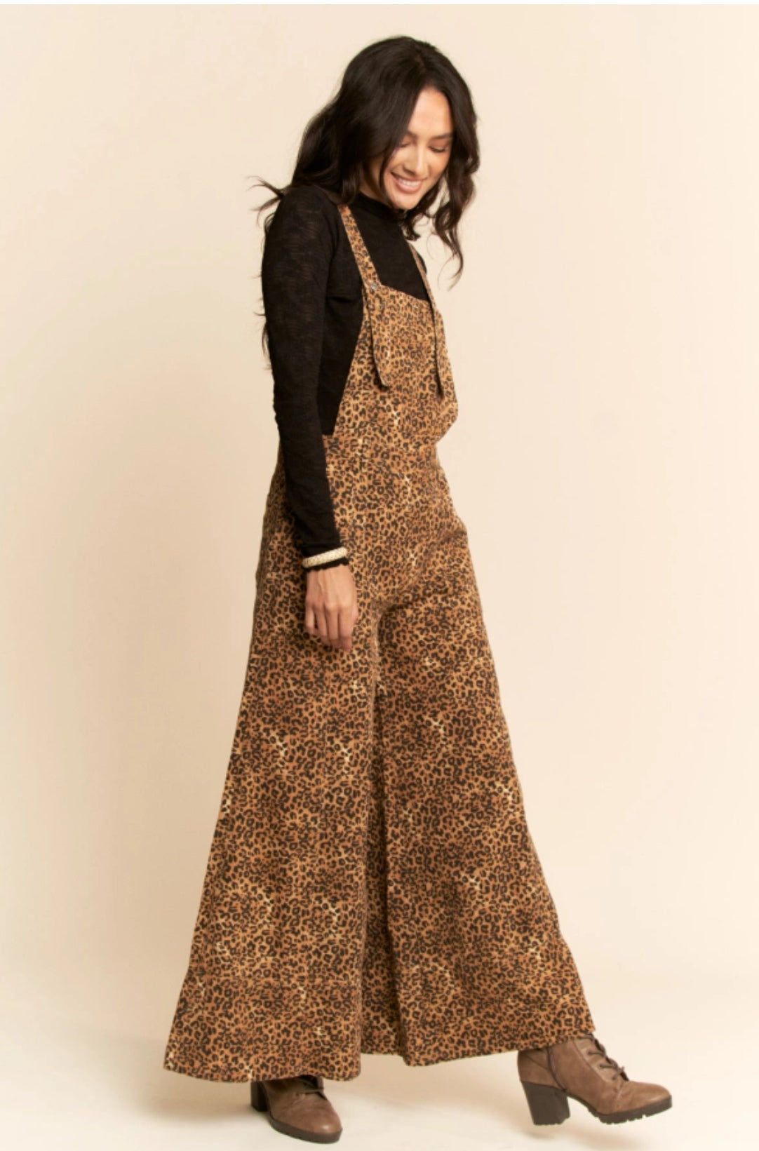 Animal Printed Denim Wide Open Leg Overall Pants
