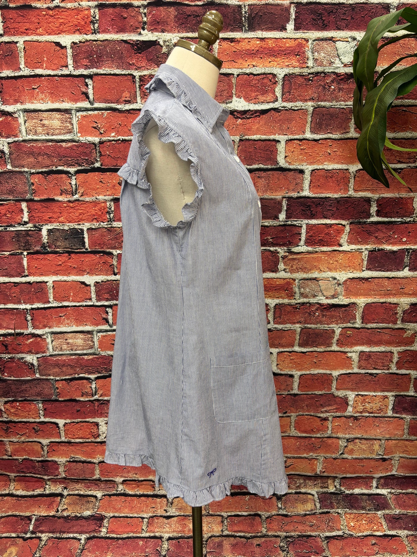 Blue & White Ruffle Button-Down Shirt Dress