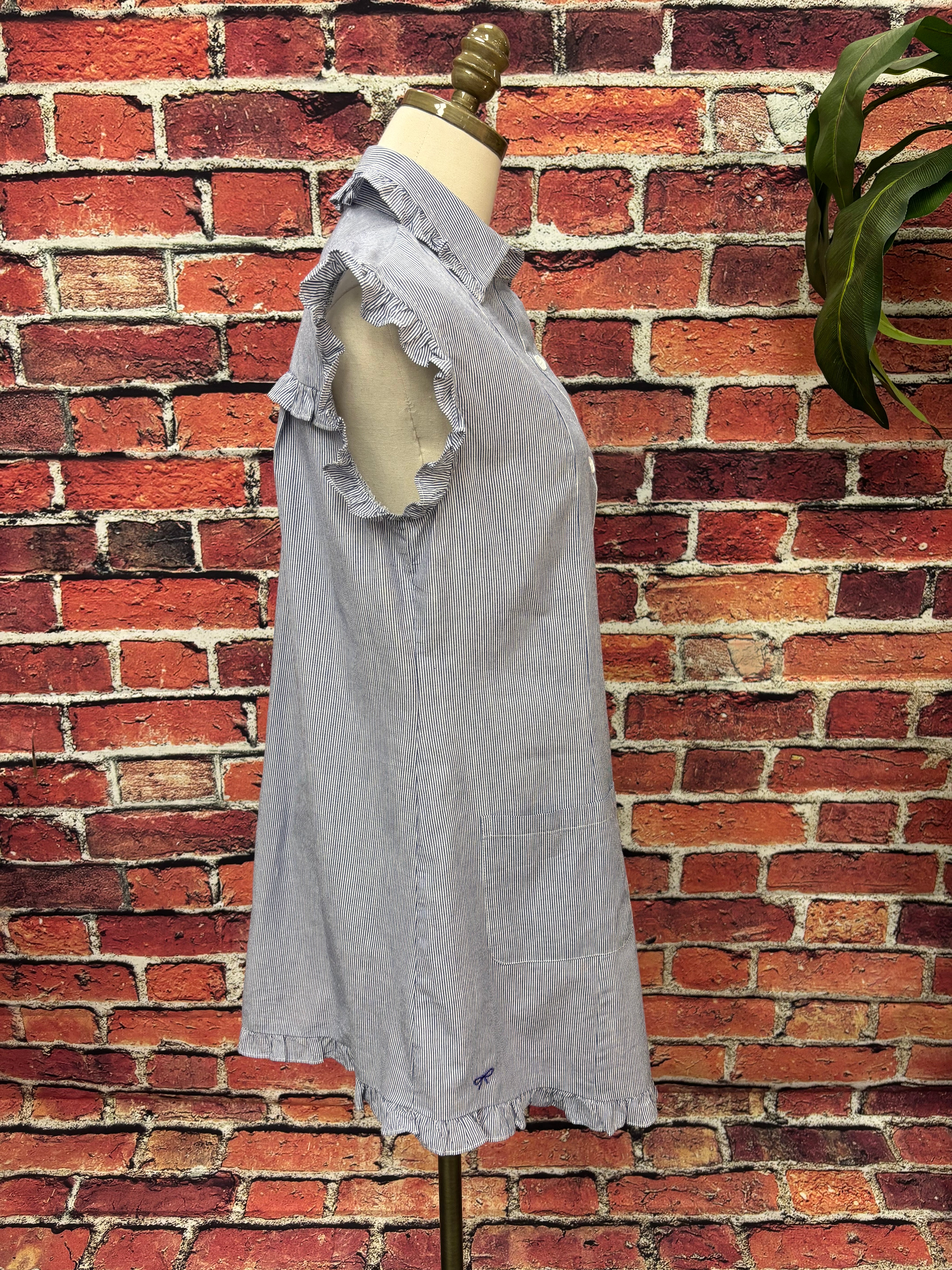 Blue & White Ruffle Button-Down Shirt Dress