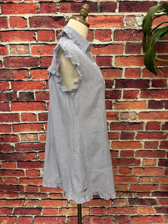 Blue & White Ruffle Button-Down Shirt Dress