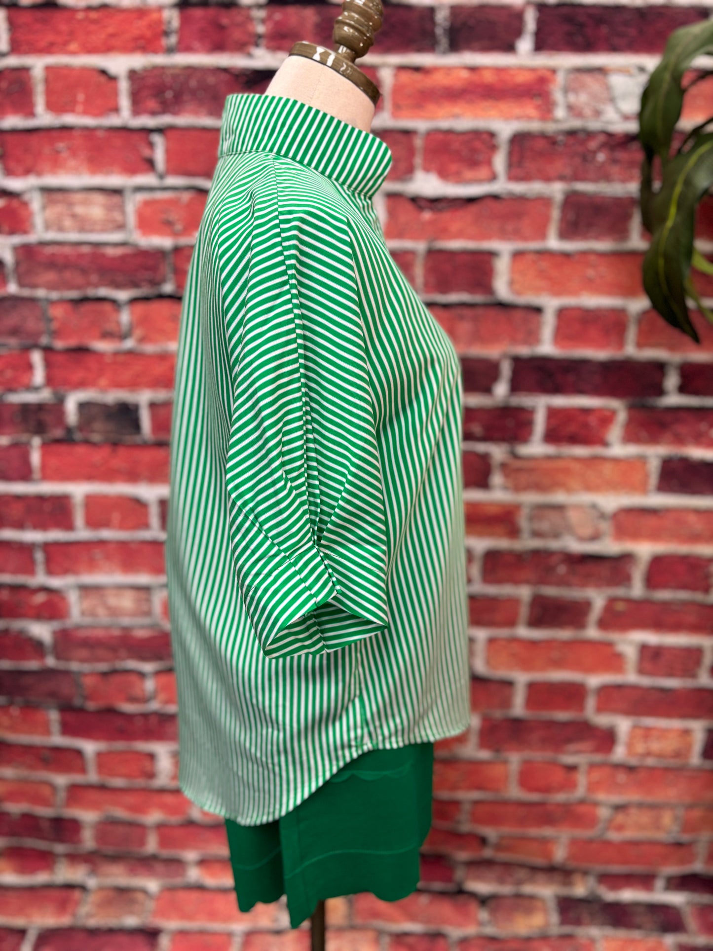 Green & White Striped Notch-Neck Blouse