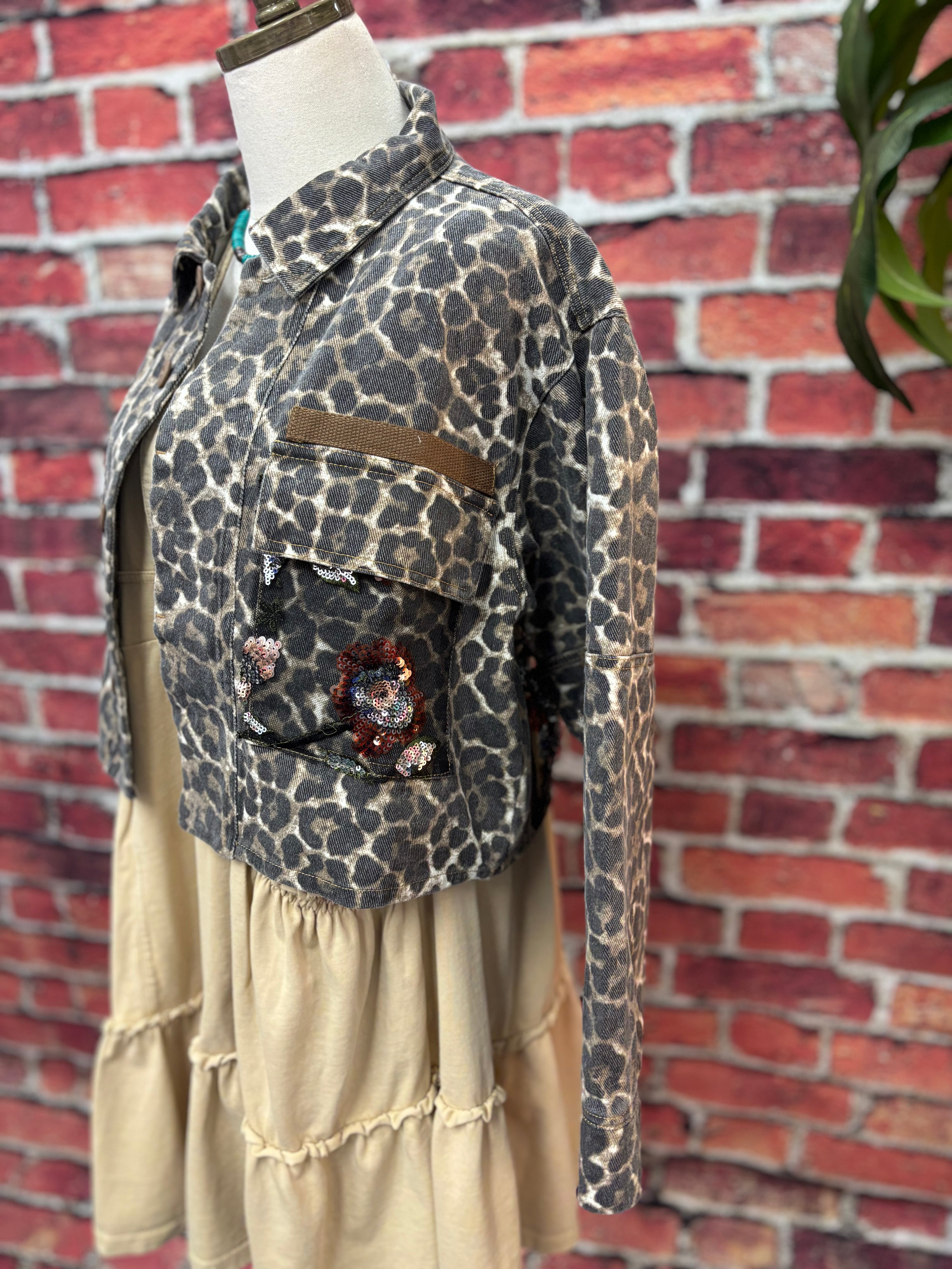 Leopard Denim Jacket with Sequin Floral Mesh Back