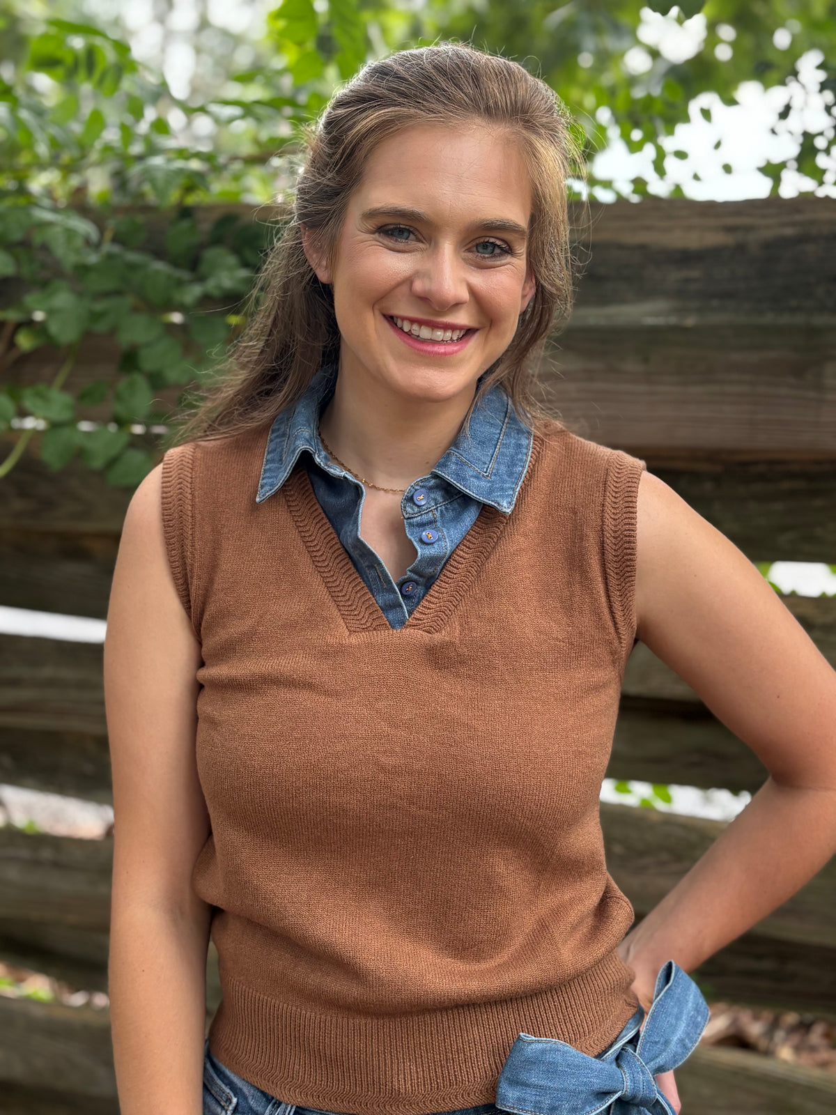 Denim Tie Neck Sleeveless Knit Top