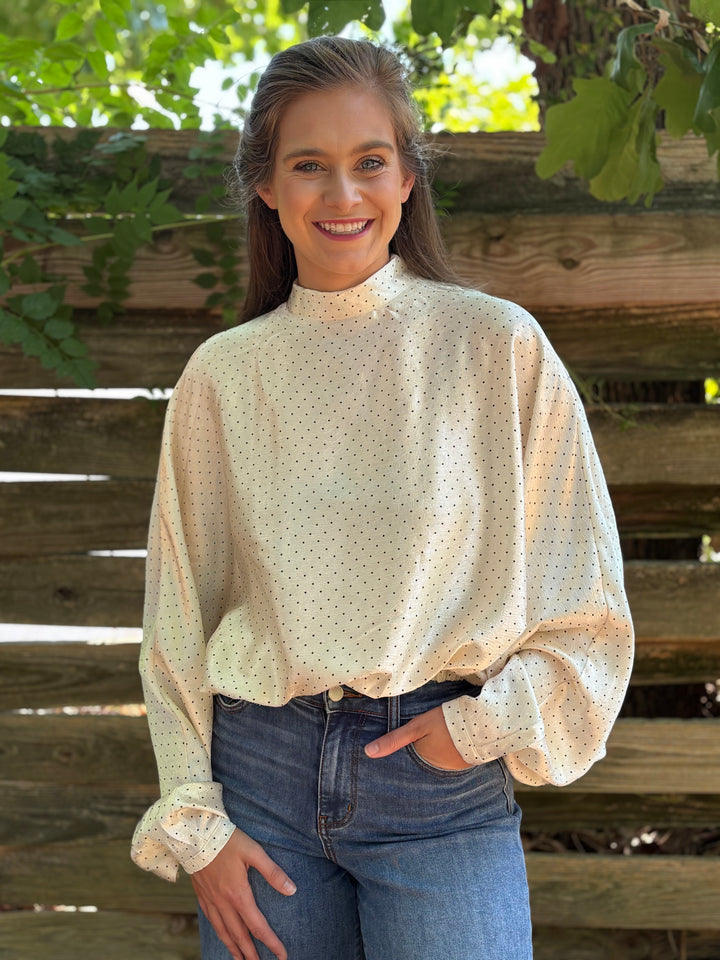 High Neck with Adjustable Tie Wide Sleeve Blouse