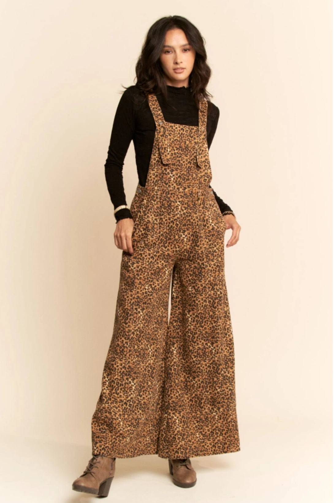 Animal Printed Denim Wide Open Leg Overall Pants