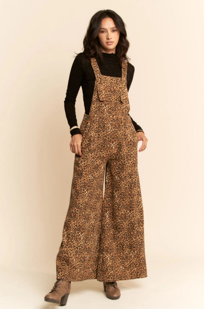 Animal Printed Denim Wide Open Leg Overall Pants