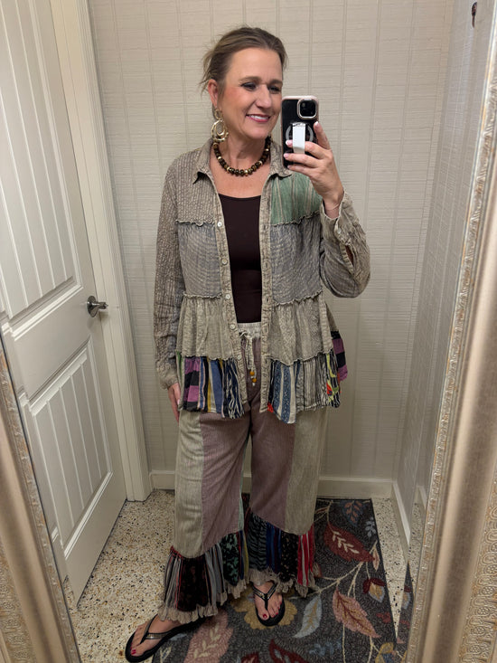 Boho Patchwork Stripe Patchwork Fringe-Hem Pants