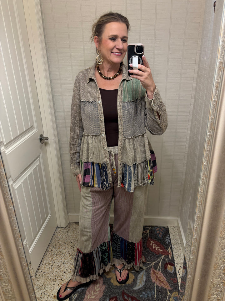 Boho Patchwork Stripe Patchwork Fringe-Hem Pants
