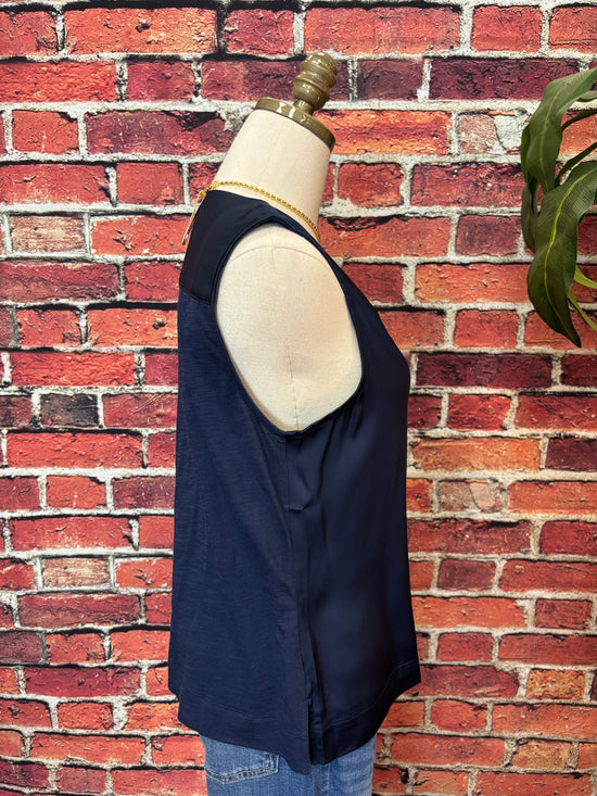 Sleeveless V-neck Woven-to-knit Top