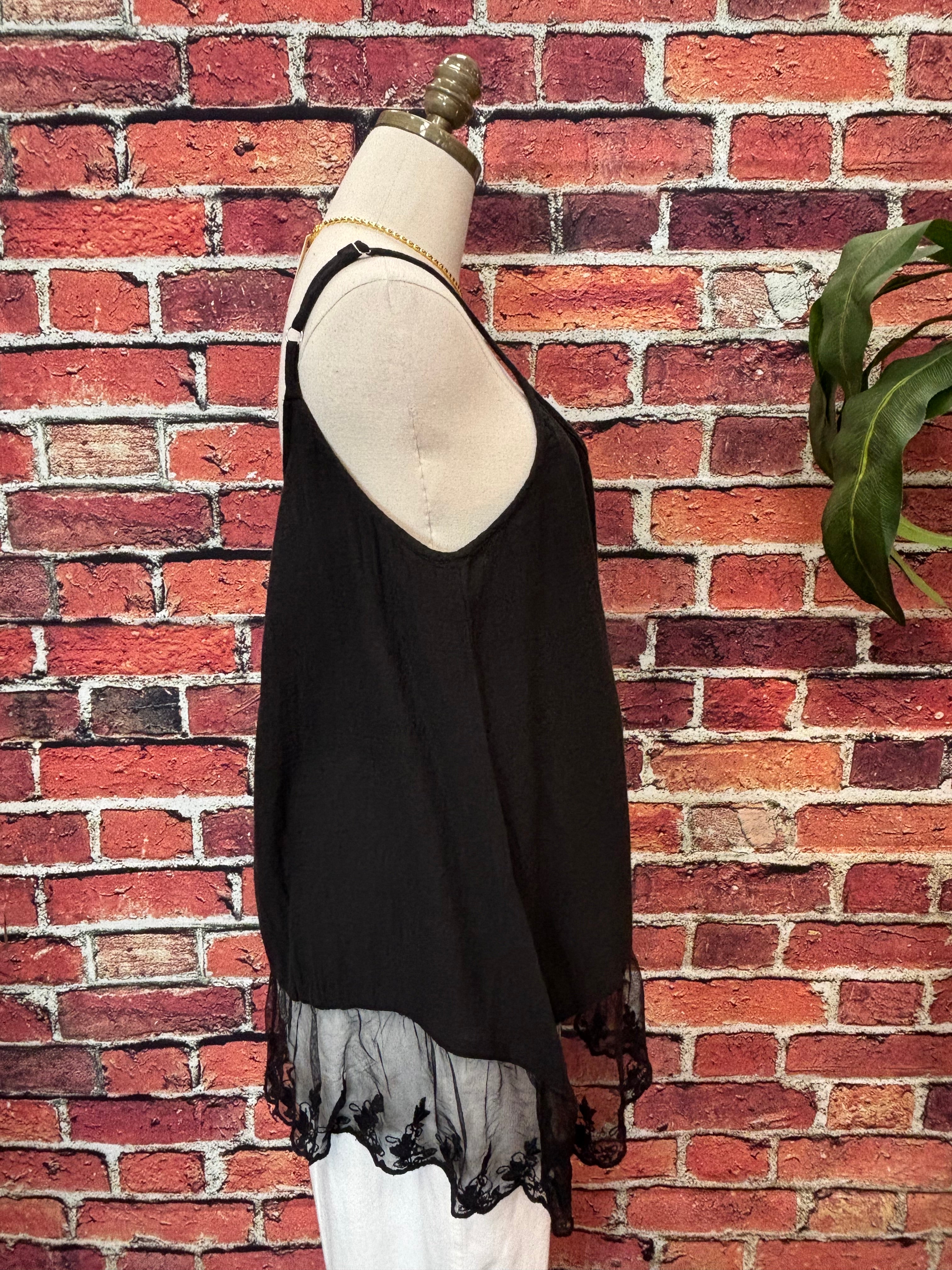 Black Cotton Lace Hem Cami